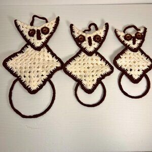 Vintage 70's Crochet Owl Towel Holders Ring Wall Hanging Kitchen Handmade